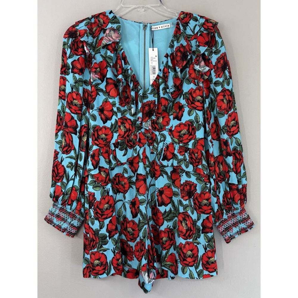 Alice + Olivia Kami Romper V Ruffle Trim Playsuit Women's Sz‎ 0 Viscose